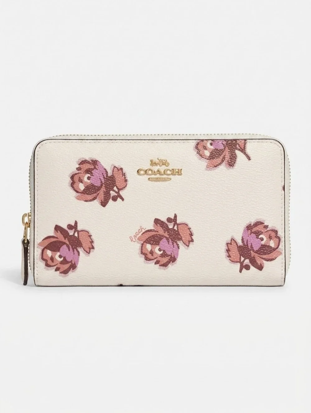 Coach Cream Zip-Around Wallet with Pink And Purple Floral Motif